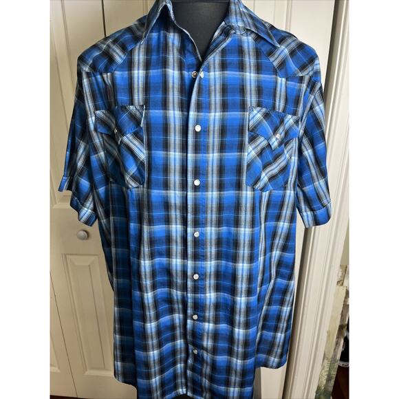 Plains Big Man Western Wear Mens 2X Blue Plaid Short Sleeve‎ Pearl Snap - Picture 1 of 6